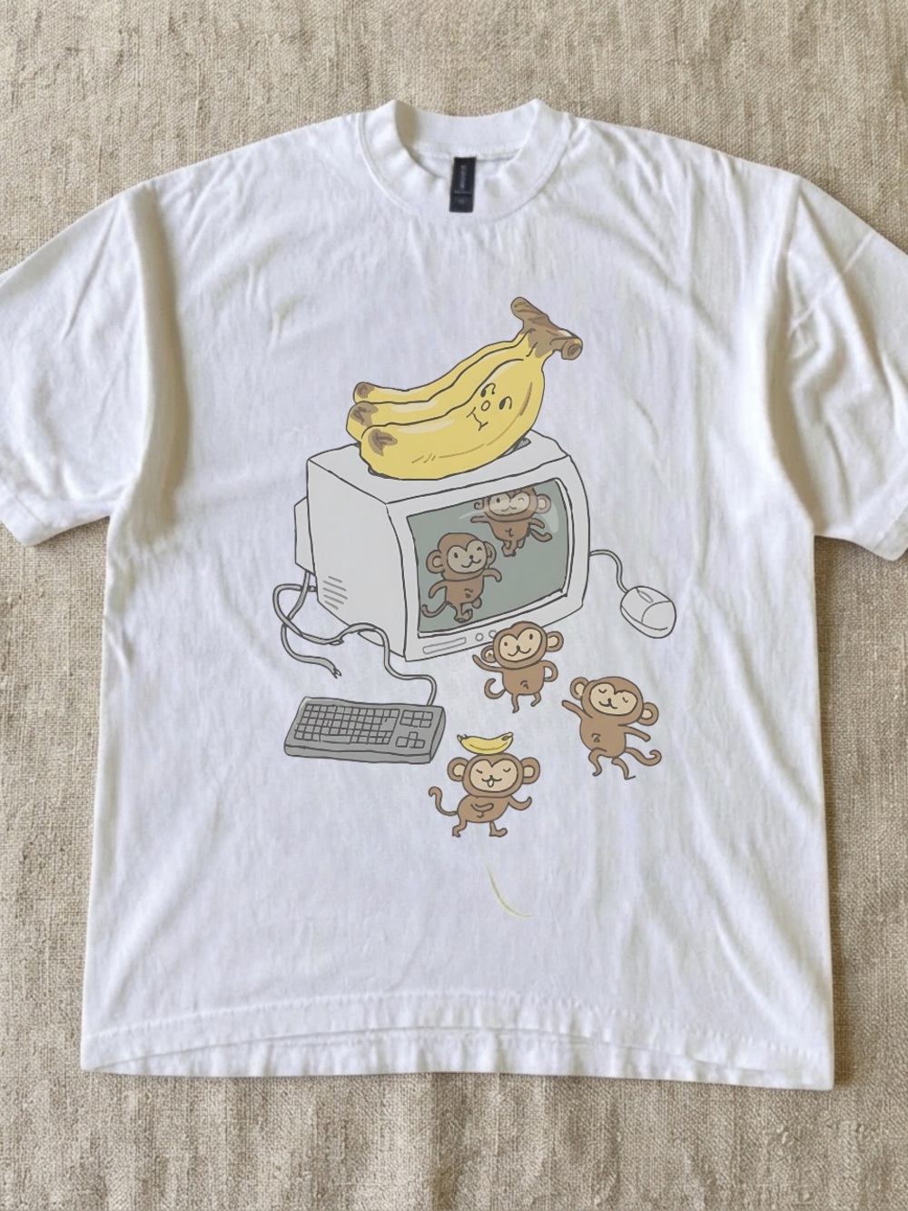 Gildan White Tee with Yellow Banana & Tan Monkey Graphic